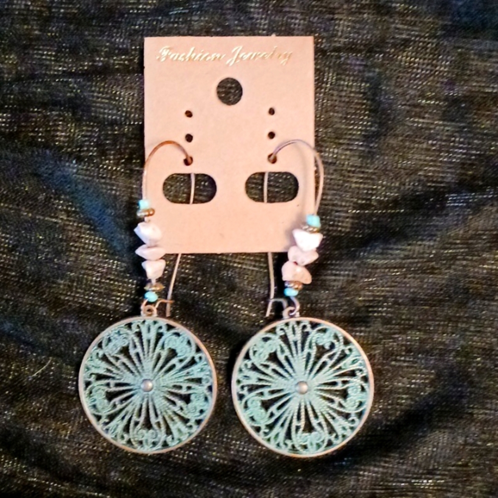 Dangle earrings, round, bead, copper, patina, green, turquoise, pink, cream